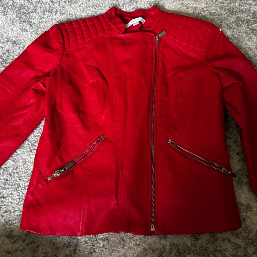 New York & Company Red Leather Moto Jacket Size: Medium